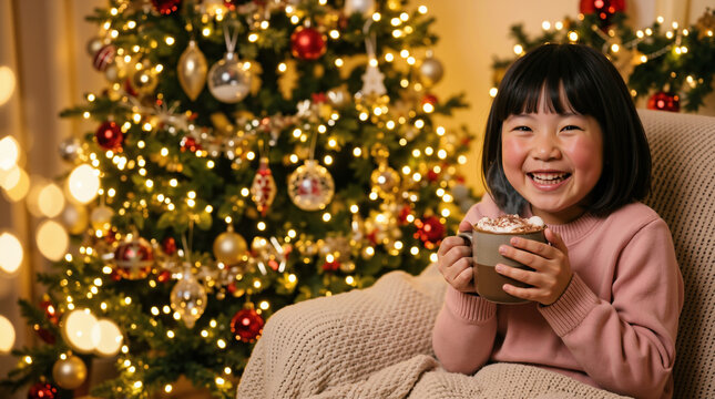 Smiling East Asian child drinking hot chocolate beside a Christmas tree. Happy young girl with rosy cheeks holding a mug of cocoa. Cozy winter holiday celebration at home