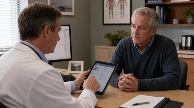 Doctor consults with senior patient at medical office desk, reviewing health information on a digital tablet in a warm clinical setting