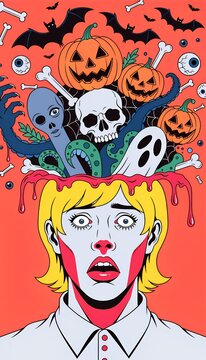 Illustration woman in front view with Halloween thinking imagination things coming out from her head