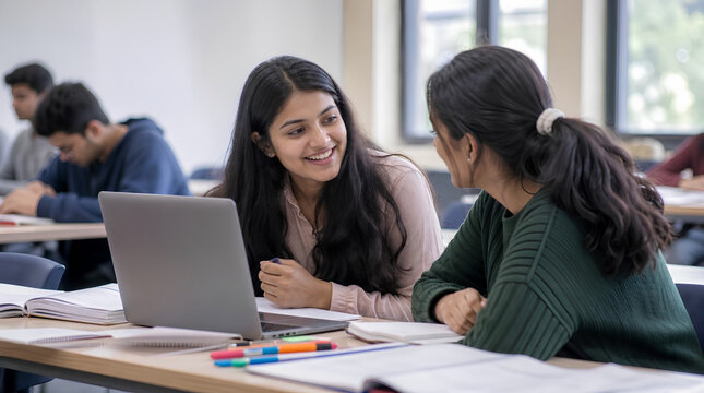 Happy young Indian female college student smiling and talking to a classmate while sitting at a desk with a laptop and books in a modern classroom, collaborative learning and education.