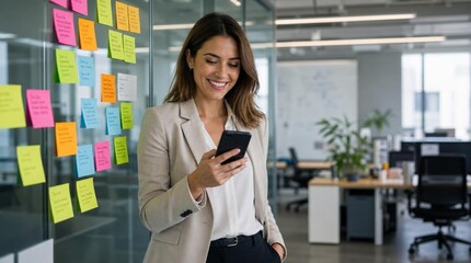 Obraz premium Smiling businesswoman in beige blazer using smartphone beside glass wall covered with colorful sticky notes in modern office workspace interior with desks and plants