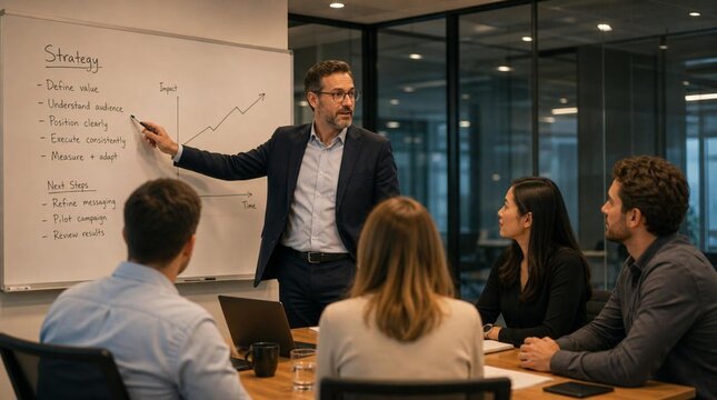 Business coach leading corporate strategy meeting in modern glass-walled boardroom, pointing at whiteboard with handwritten growth charts and audience of attentive professionals
