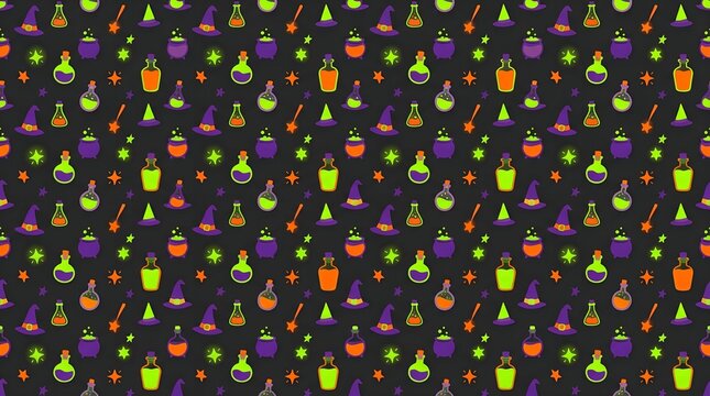 Halloween seamless pattern with magic potion bottles and witch hats, spooky alchemy background for gift wrap, mystical purple and orange repeating texture