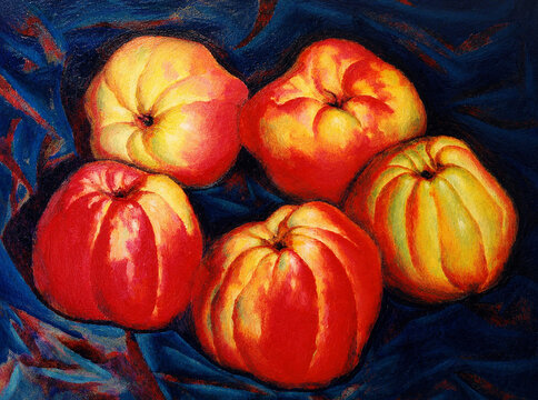 Traditional oil painting on canvas depicting a vibrant still life with fresh quince fruits and expressive brushstrokes