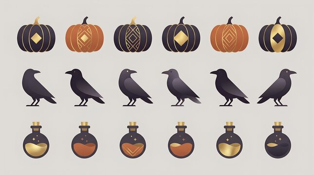 Elegant Halloween icon set with 18 elements, decorative black and orange pumpkins, mystical ravens, and magic potion bottles for spooky seasonal branding