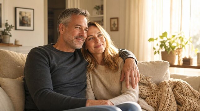 Middle-aged couple embracing on beige couch in sunlit living room bathed in soft golden-hour light, cozy domestic lifestyle moment with warm tones
