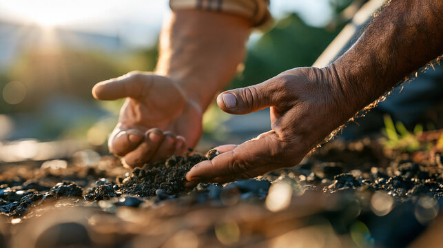 Close up of european hands spreading nutrient rich biochar on soil bright natural lighting cropped composition focused on hands sustainable carbon storage concept agricultural soil