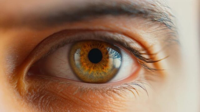 Firefly Extreme macro photorealistic footage of a single beautiful human eye, burnished golden-brown