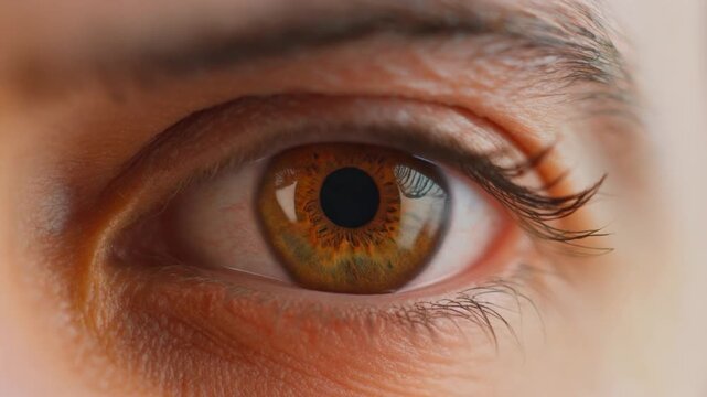 Firefly Extreme macro photorealistic footage of a single human eye, rich copper-brown iris