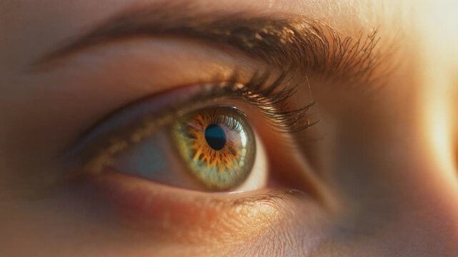 Firefly Extreme macro photorealistic footage of a single beautiful human eye, rich prairie hazel iris