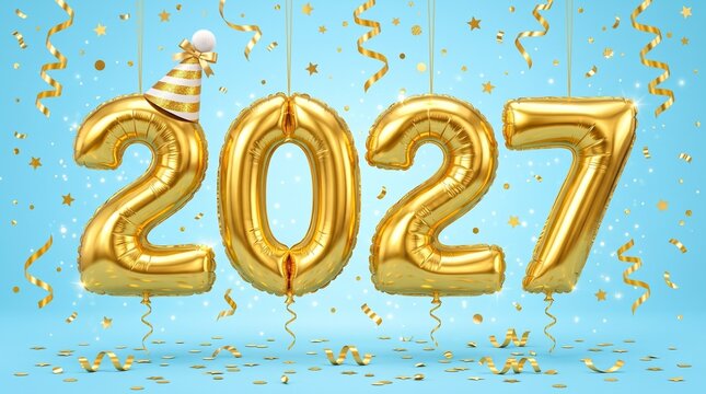 Gold balloons in numbers two zero two seven with party hat and confetti