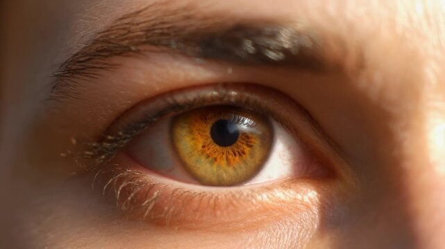Firefly Extreme macro photorealistic footage of a single beautiful human eye, warm dusty amber iris