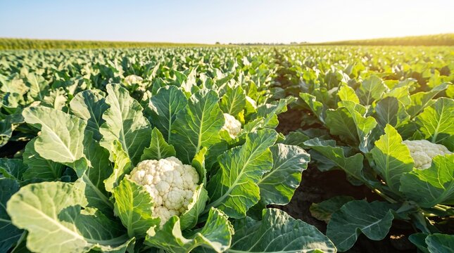 Cauliflower plants growing in green farm field under sunlight. Ripe vegetable heads surrounded by large leaves on agricultural plantation.