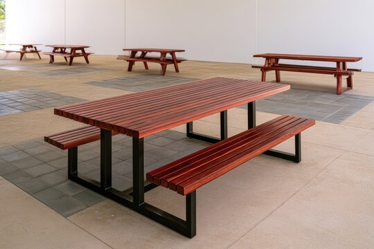 Red wooden picnic tables with metal frames are arranged outdoors