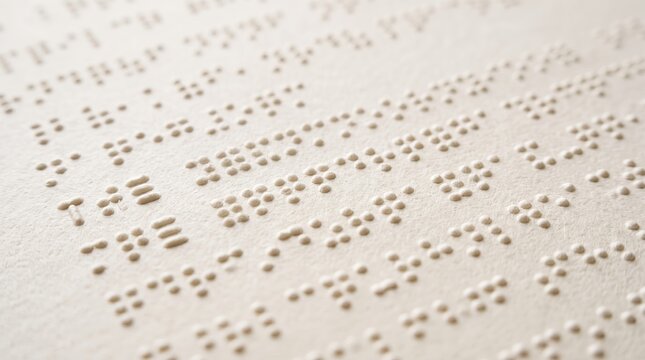 Close up of braille text embossed on white paper page. Raised dots form readable words for blind readers with shallow depth of field.