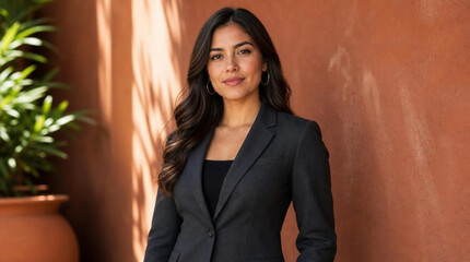 Fototapeta premium Confident young Latina businesswoman in tailored charcoal blazer posing against warm terracotta wall with lush green plant, sunlit professional portrait exuding elegance and determination