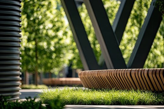 Modern outdoor seating blends organic wood curves with industrial metal structures