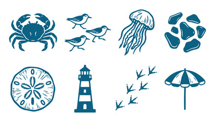 Obraz premium Coastal elements icon set featuring crab, lighthouse, jellyfish, beach umbrella and sand dollar