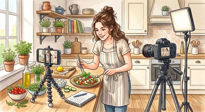 Food blogger recording salad preparation with camera and lighting equipment