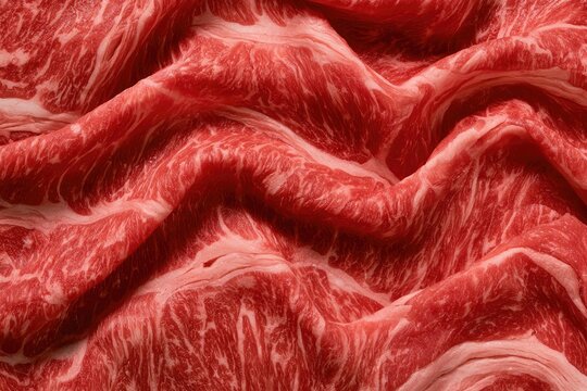 Close-up of richly marbled raw red meat with flowing, wavy textures
