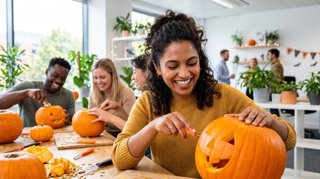 Happy woman carving jack o lantern pumpkin with colleagues celebrating Halloween in modern office. Diverse team enjoys festive autumn activity at workplace.