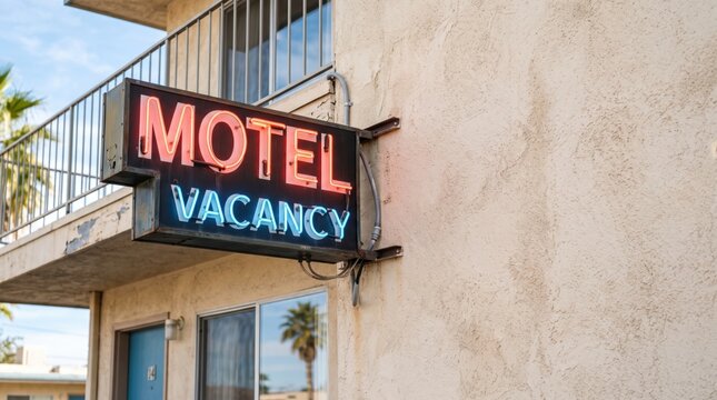 Neon motel vacancy sign illuminated on building exterior with palm trees and blue sky in background. Motel vacancy sign represents available lodging options for travelers. Concept of motel stay.
