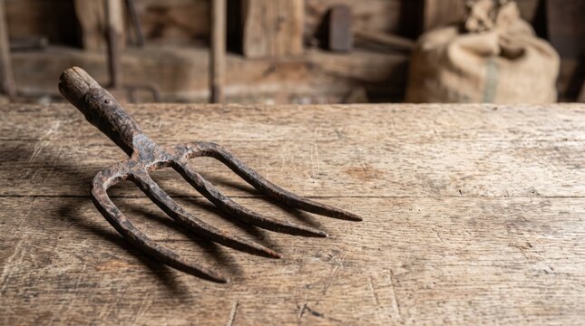 Ancient iron pitchfork resting on wooden table in agricultural setting. Old pitchfork showcases rustic charm with weathered handle and tines. Perfect for farming or gardening themed projects.