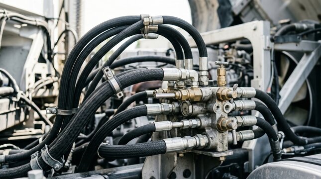 Hydraulic hoses and metal valves on heavy truck machinery. Close up of pneumatic pipes and fittings on industrial equipment. Engineering technology and machine maintenance concept.
