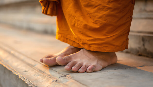 Bare feet of a person wearing an orange robe standing on stone steps, suggesting a monk or spiritual figure in a serene setting.