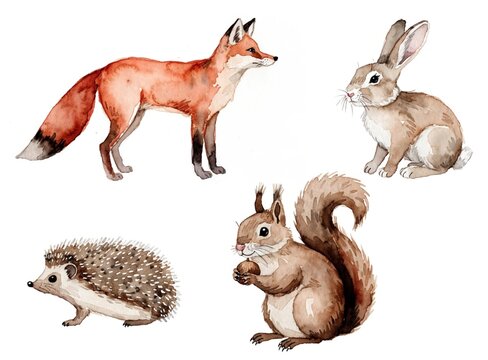 Watercolor collection of cute woodland animals, fox, rabbit, hedgehog and squirrel