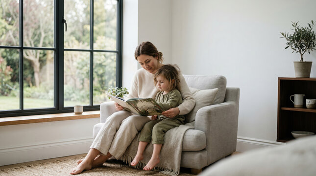 Mother and toddler sitting on an armchair reading a book together near a window with a garden view, cozy family reading concept photography concept concept