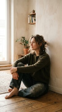 Young woman sitting on the floor near a wall in a reflective mood, looking into the distance with soft side light, quiet introspective lifestyle concept photography