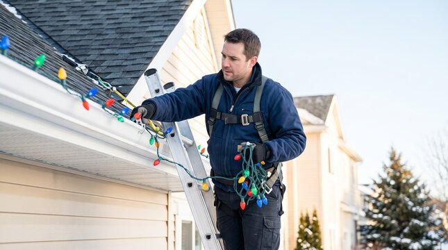 Man in safety harness installing christmas lights on house gutter. Worker on ladder hangs festive garland on roof of suburban home in winter.