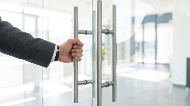 Man in suit opening glass door with steel handle in modern office. Close up of hand entering bright corporate building interior. Business opportunity and welcome entrance concept.