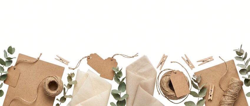 Eco friendly packaging materials and eucalyptus on white background