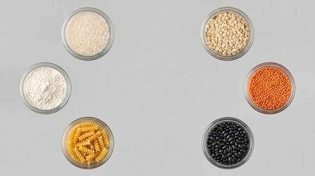 Pantry staples in glass jars flat lay with central copy space
