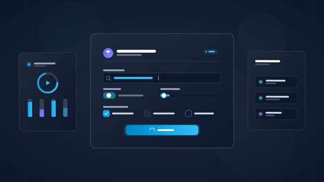 Modern user interface animation with glowing buttons and interactive sliders on dark background