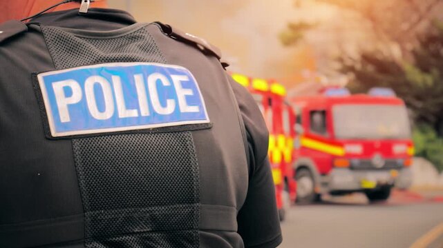 Police officer fire investigation by emergency services fire engines &ndash; a red fire truck from local department with firefighter equipment on the appliance from local fire station at scene of incident.