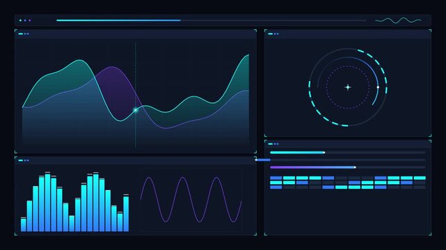 Futuristic digital control panel with moving charts and glowing data graphs