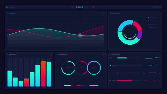 Modern futuristic analytics dashboard with glowing charts and financial graphs