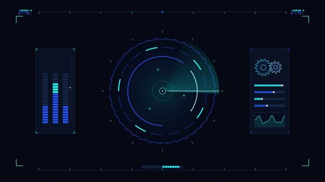 Futuristic HUD radar display with revolving scanner and data graphs
