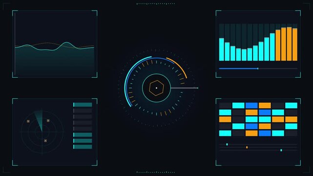 Futuristic digital control panel with dynamic charts and rotating radar scanner