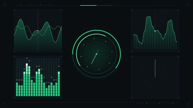 Futuristic digital monitoring interface with glowing green charts and graphs
