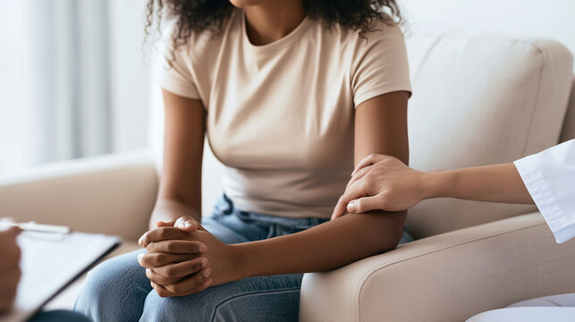 Young woman sitting with clasped hands and a tense posture during a private counseling session, female therapist holding a clipboard and gently placing a supportive hand on the cli
