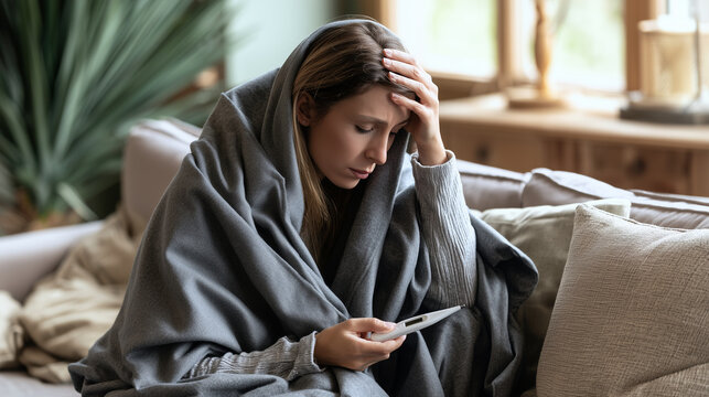 Sick woman wrapped in a gray blanket sitting on a sofa, checking her body temperature with a digital thermometer while touching her forehead and looking weak and unwell, fever, hig