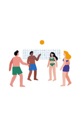Fototapeta premium Four diverse young friends in swimwear playing beach volleyball with raised blue net and yellow ball in sunny summer recreational athletic vector illustration on stark white backdrop
