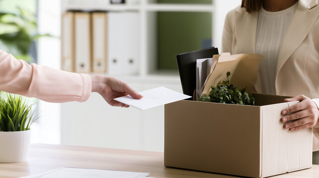 Employee holding a cardboard box filled with personal belongings, folders and a small office plant while receiving a white envelope across a desk, job termination, employee dismiss
