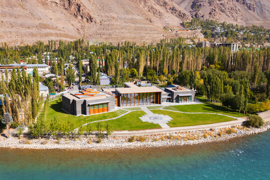 Ismaili Jamatkhana Centre aerial view in Khorog city, Tajikistan