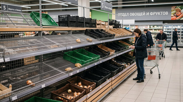 Empty fruit and vegetable shelves in a supermarket with nearly vacant produce crates, illustrating food shortages, supply disruption and retail stock problems.
