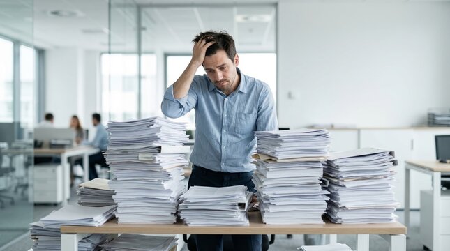 Stressed businessman standing at desk with huge stacks of paperwork. Overwhelmed man touching his head in modern bright office.